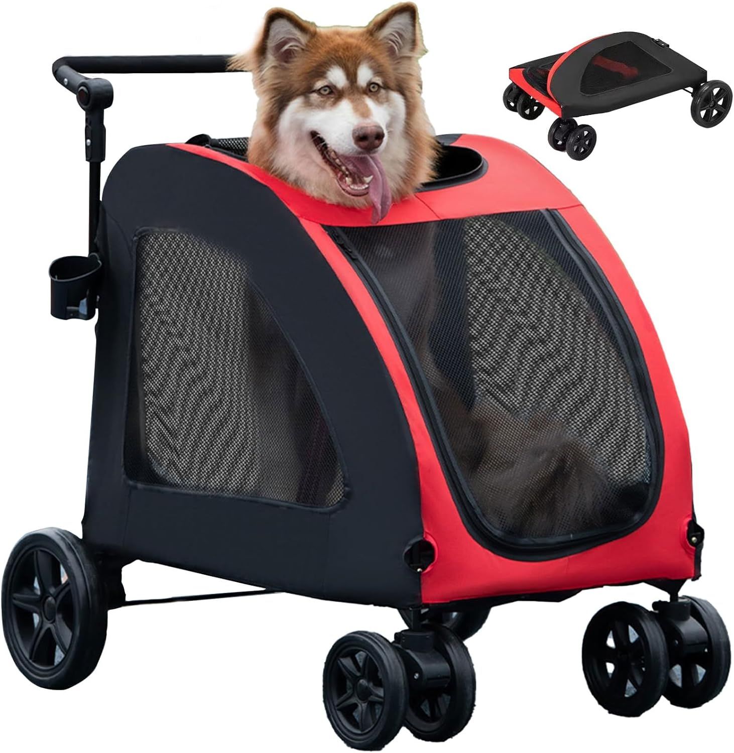 超大型 ペットカート大型犬 多頭 大型犬専用 犬用カート カップホルダー付き ペットバギー 4輪 ワンタッチ折りたたみ式 組み立て簡単 外出便利 大型中型多匹飼い向け 耐荷重50Kg ペットカート