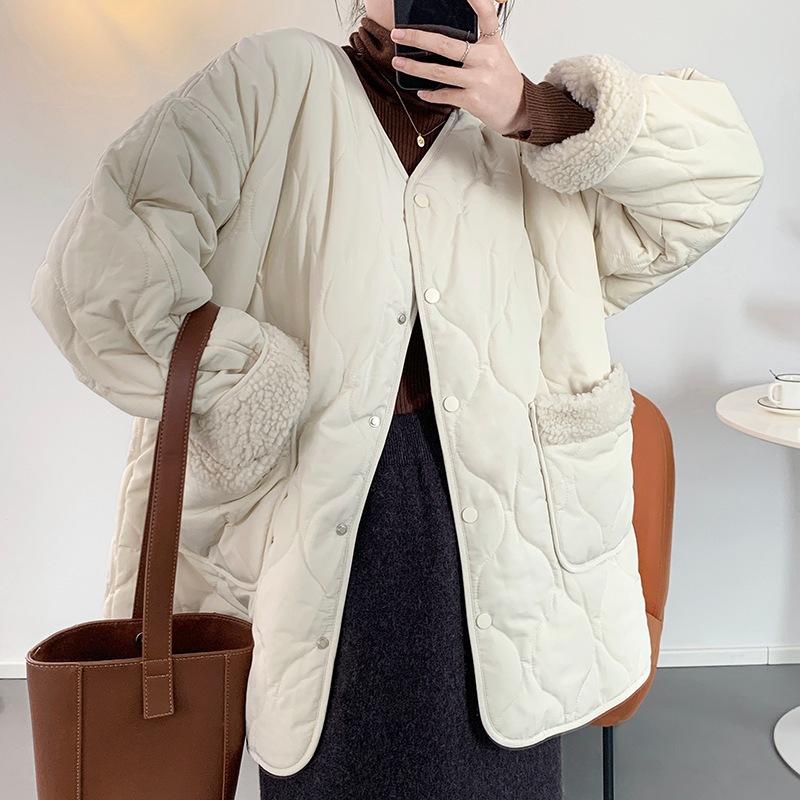 Vネックボアジャケット 2色 レディース トップス ボタン カジュアル おしゃれ レトロ 無地 秋 冬 通勤 通学 お出かけ 休日 暖かい M L XL 2XL ゆったり ホワイト ベージュ