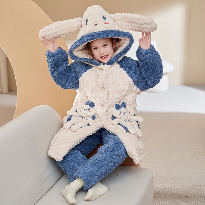 コーラルベルベット子供用厚手のパジャマセットロング女の子ナイトガウン冬用三層キルティングホーム服長児と女の子用