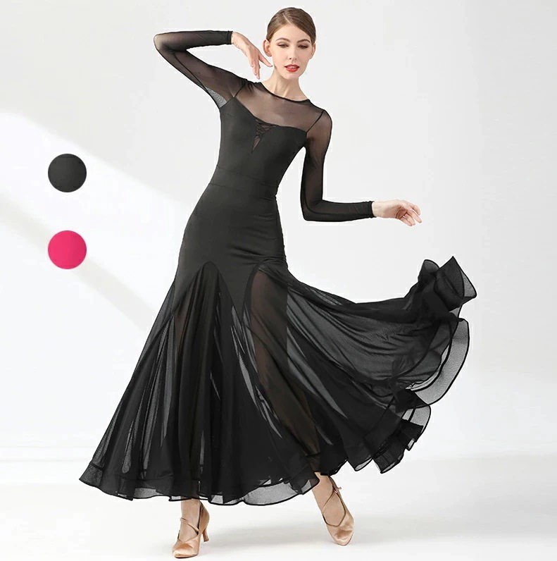 ワルツダンスドレス モダンダンス マキシ丈 マーメイドドレス シースルー 大きい裾 ワンピース 社交ダンスドレス ダンス試合専門服 社交ダンス パーティードレス 大きい裾 発表会 団体