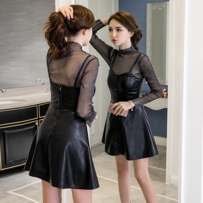 ワンピース ワンピドレス ミニ ミニ丈 ショート ショート丈 袖あり 長袖 ハイネック Aライン チュール 切り替えデザイン ドッキング 異素材MIX 大人可愛い お洒落 大人女子 こなれ感 ラブリー