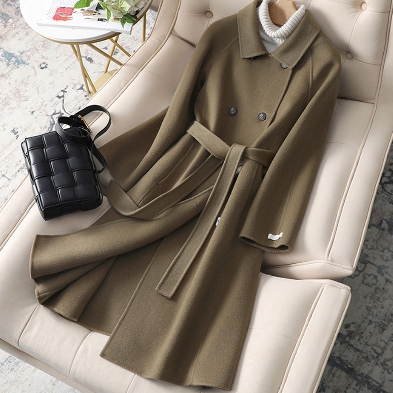 【高級感素材】 ファッション 無地 折り襟 ベルト付き ダブルブレスト ロング コート