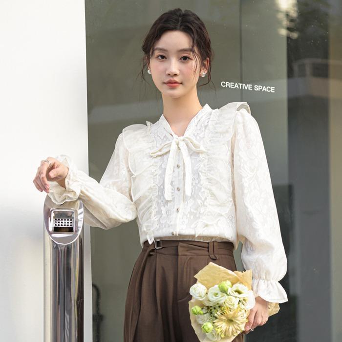 春 レースブラウス ボウタイ レディース オフィス フォーマル 長袖 きれいめ 秋 春 おしゃれ かわいい トップス シャツ