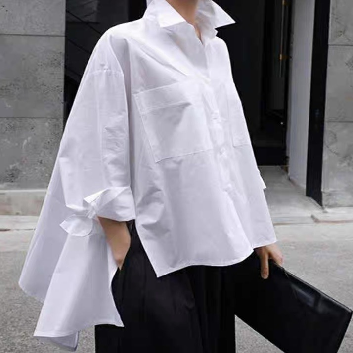 トップス シャツ ブラウス レディース アシンメトリー 長袖 Vネック 襟付き 角襟 オーバーサイズ 前開き 薄手 きれいめ シンプル おしゃれ かっこいい こなれ感 ラフ ルーズ 個性的 クール