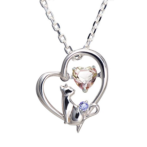 選べる誕生石最高級スワロフスキーダンシングストーンハートネコレディースシルバーペンダントネックレスミスティローズ(12月：タンザナイト)