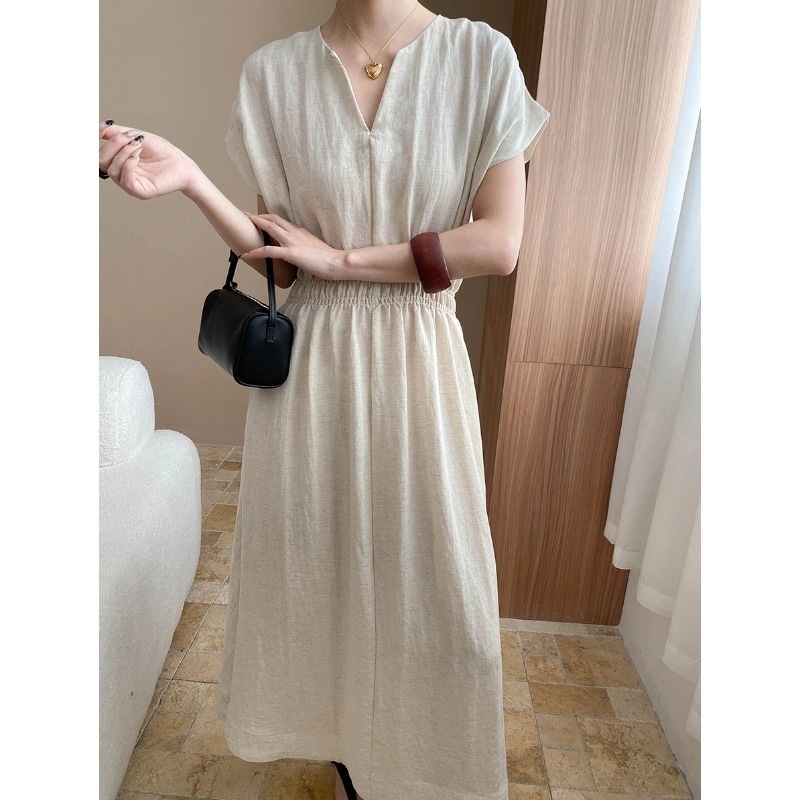【送.料.無.料.急速発送】アスパラガス亜麻混紡はさみ小Vネック収納ウエスト痩せ見えワンピース
