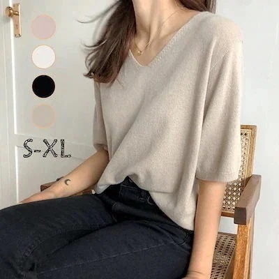 11色 半袖肌触りが柔らかいレディースTシャツV領ニット怠惰風の垂感半袖 長袖ニット