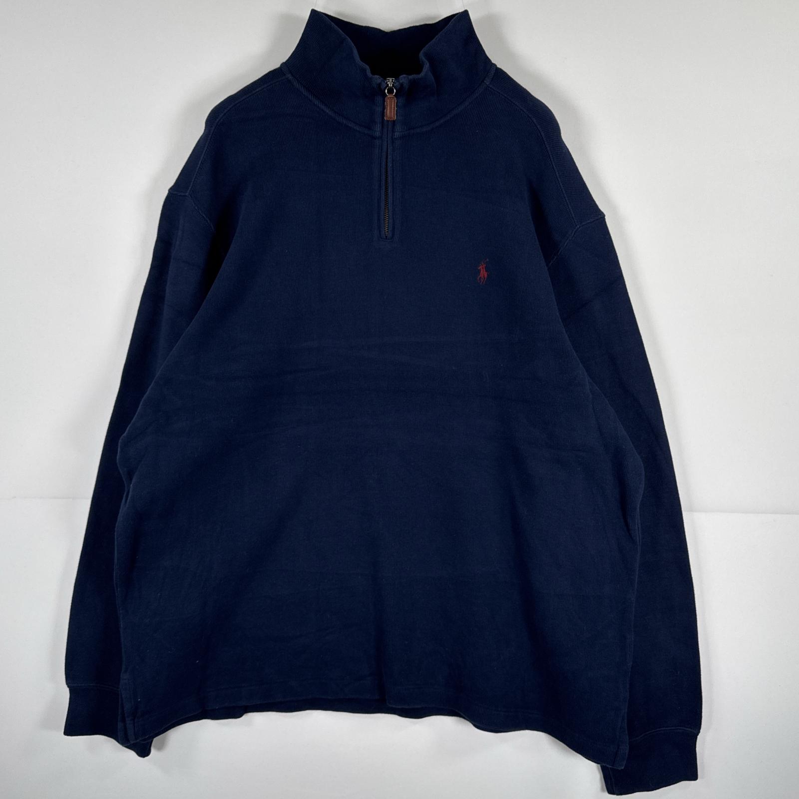 古着 ポロバイラルフローレン Polo by Ralph Lauren 長袖 ニット ハーフジップ トレーナー 大きいサイズ ワンポイント XXL ネイビー 無地 メンズ