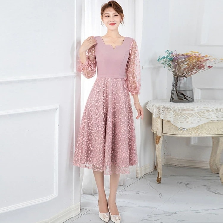 ピンク パーティードレス パフスリーブ 30代 40代 結婚式ドレス Aライン ミモレ丈 サテン ドレス 7分袖 二次会ドレス お呼ばれドレス ミディアム丈ドレス