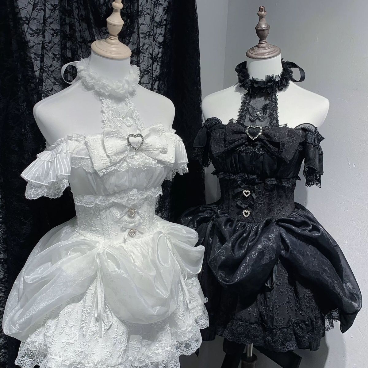 レースハーネス・痩せ見えリボンウエスト・黑白萌えドレス