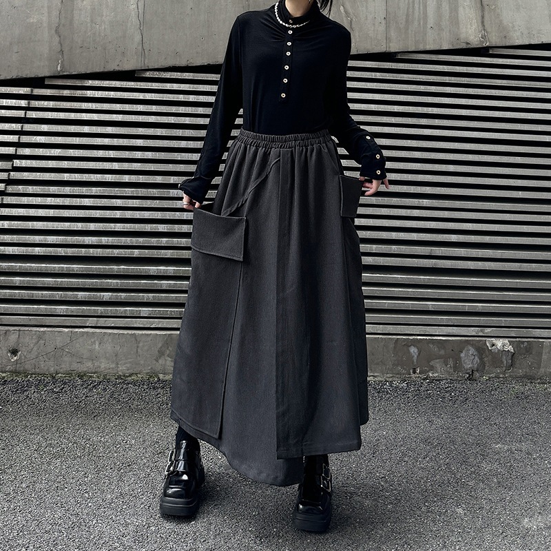 【J.Fashion】 Aラインスカート おしゃれ 大きいポケット 個性的なデザイン ハイウエスト ゴム レディース ロングスカート メガ割