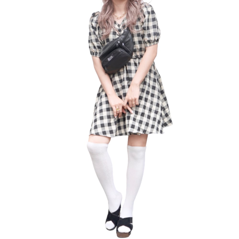 Puffsleeve Check Flare Mini Onepiece（beige） A,D,G レディース