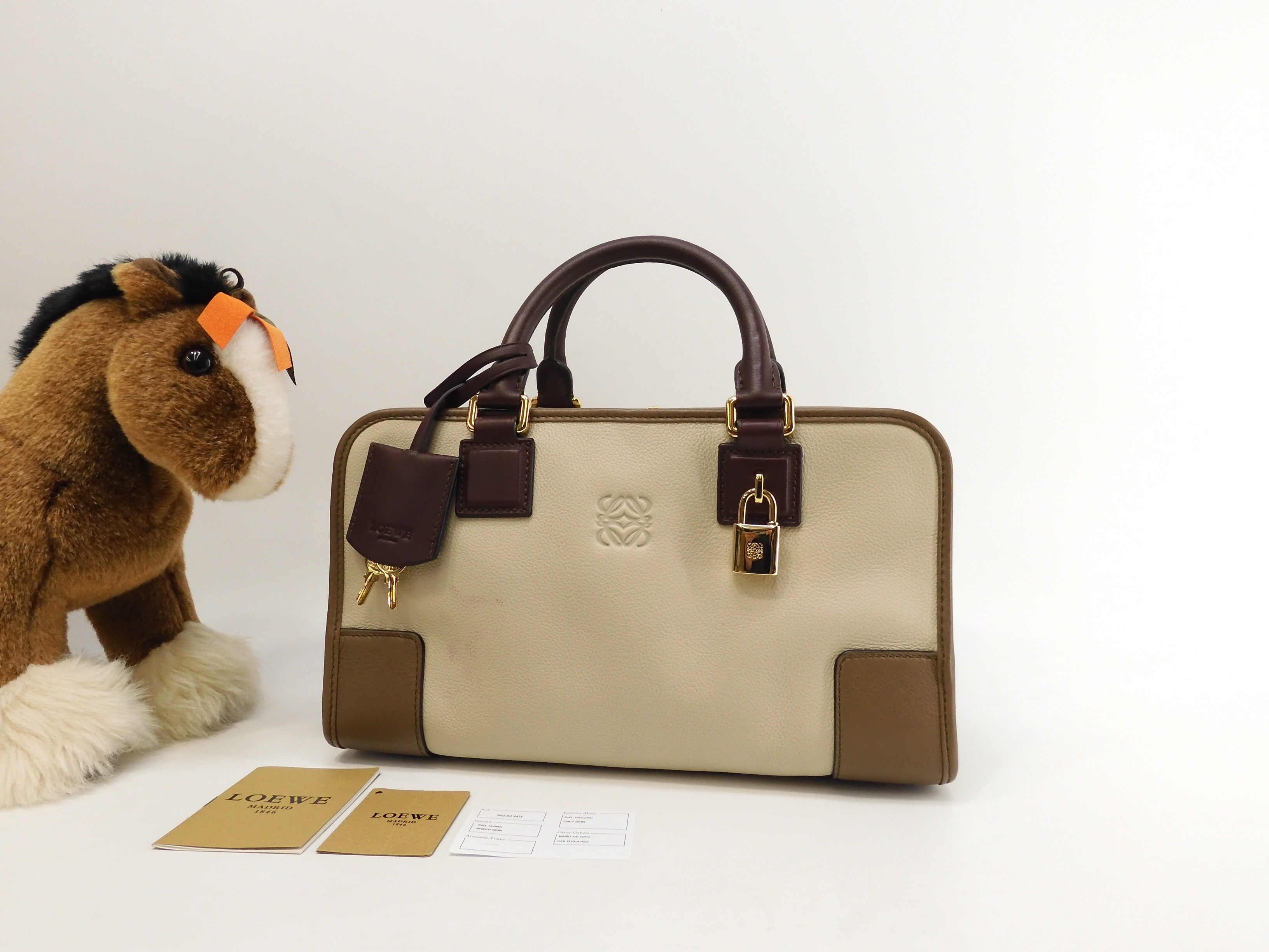 アマソナ28 レザー クリーム茶ボルドー ハンドバッグ ゴールド金具@271203