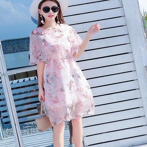 1275. 花柄シフォンミニワンピース（ピンク）