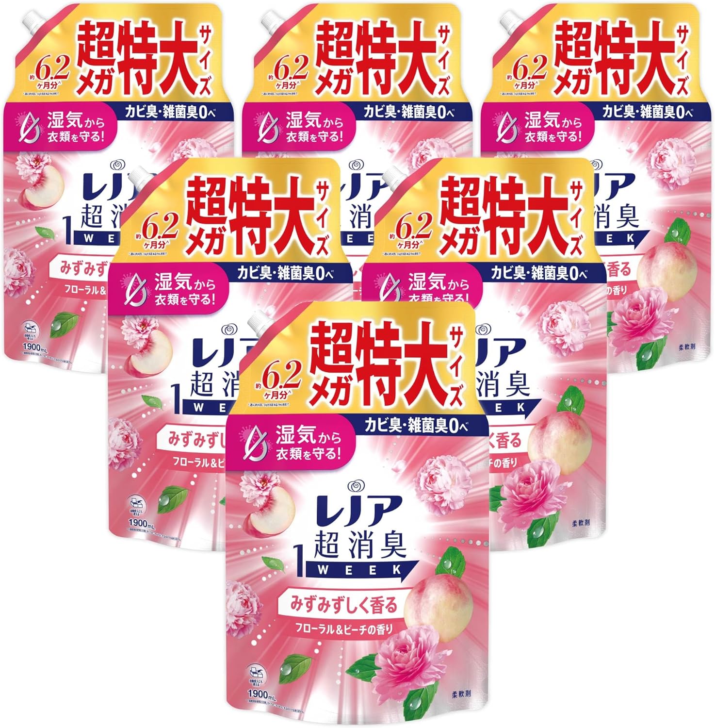 レノア Lenor 超消臭1WEEK 柔軟剤 みずみずしく香るフローラル&ピーチの香り 詰め替え 1900mLｘ6袋 大容量 ケース品