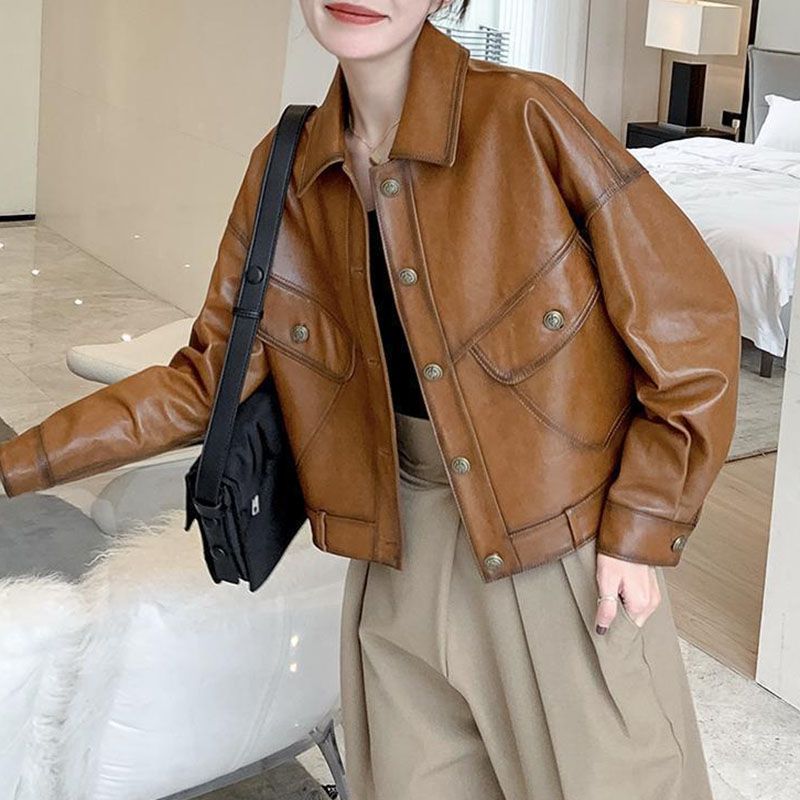 レギュラー/裏起毛 ライダースジャケット レディース ショート丈 アウター 秋冬 レザー革ジャン トップス