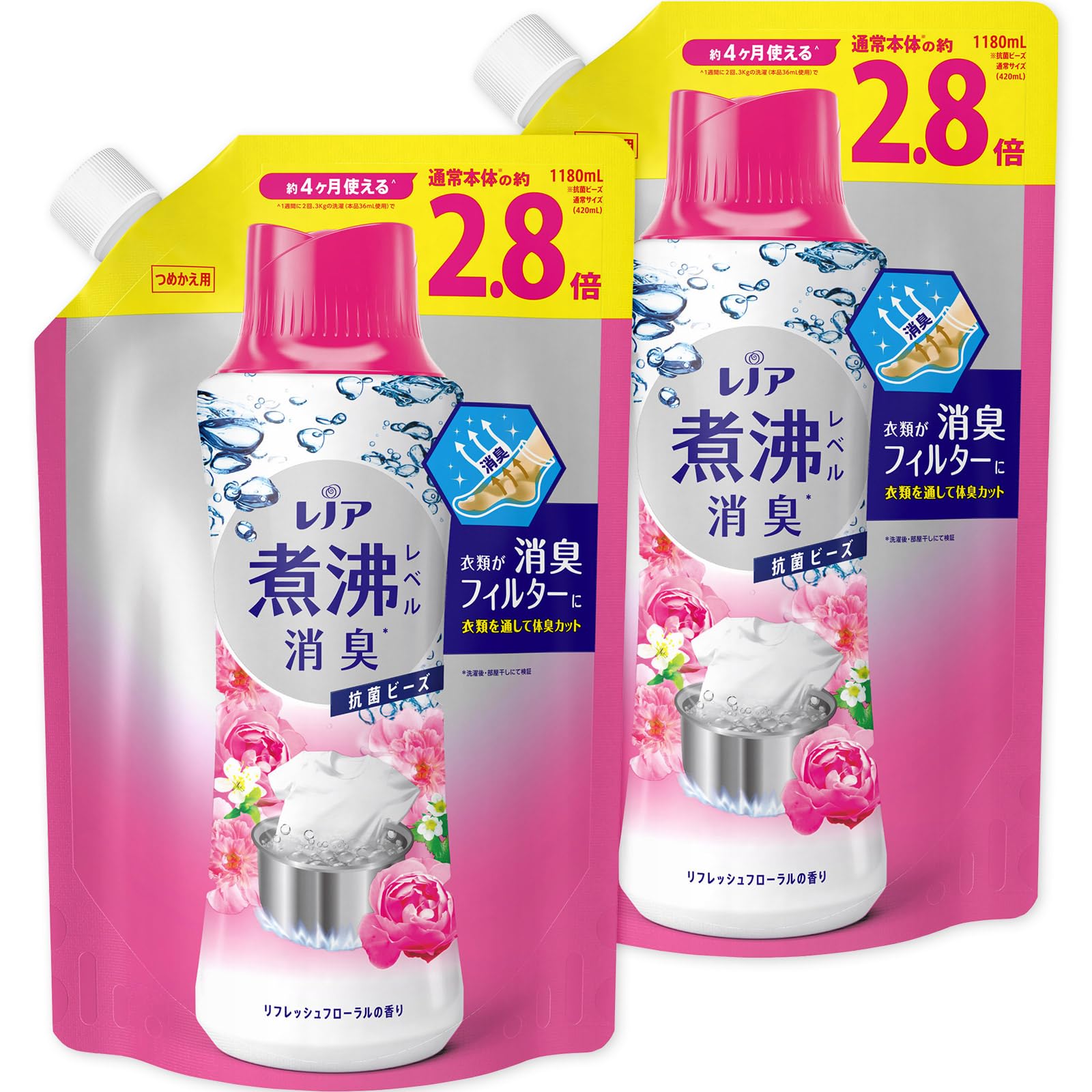 レノア 超消臭 煮沸レベル消臭 抗菌ビーズ リフレッシュフローラル 詰め替え 1,180mL×2袋【まとめ買い】