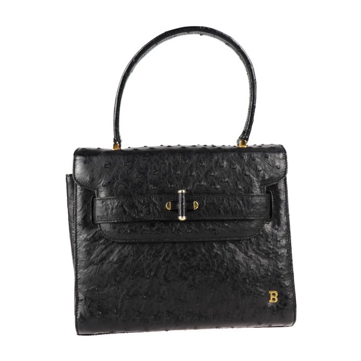 美品 BALLY バリー ハンドバッグ - バッグ オーストリッチ レザー ブラック ゴールド金具 トップハンドル ターンロック Bロゴ【本物保証】