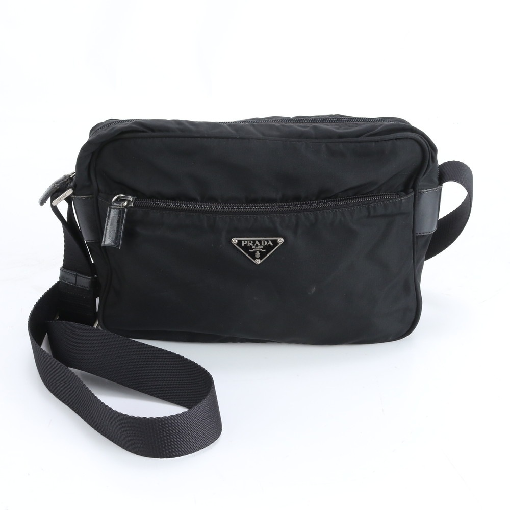 美品 テスート ナイロン トライアングルロゴ レザー×ナイロン ショルダーバッグ 斜め掛け メッセンジャー ビジネス 通勤 トート 本革 ブラック 黒 メンズ RWM DN28-4 中古