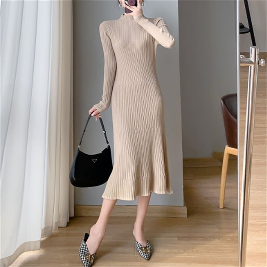 新入荷 ワンピース 3色 ロング ミモレ タートルネック ハイネック Aライン フレア 厚手生地 ニット 可愛い 大人可愛い きれいめ シンプル カジュアル シック コンサバ 華やか 大人 上品