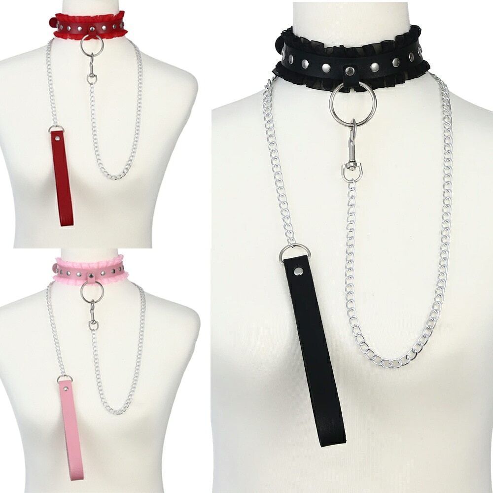 SM風 ランジェリーレースレザービッグリングネックレス（リード付き）ボンデージ風 フェイクレザーチョーカー 首飾りアクセサリー 仮装 コスプレ 首に巻く 首輪 ハロウィン mt651xxxxxxxx