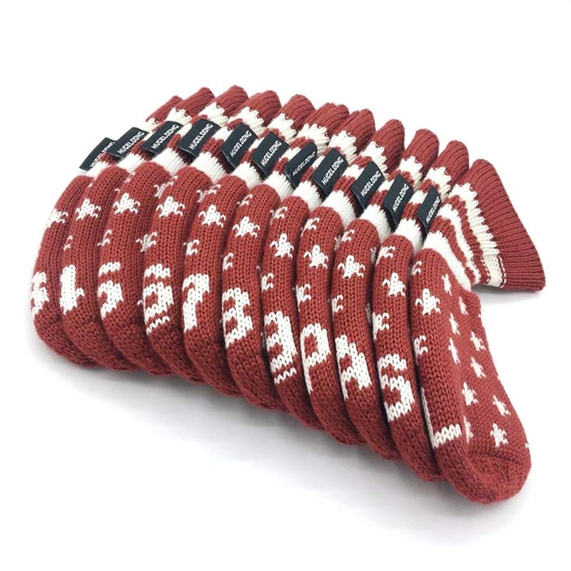 HUGELOONG ニットゴルフヘッドカバー アイアンカバー (星図案,トップに数字,Red/White)