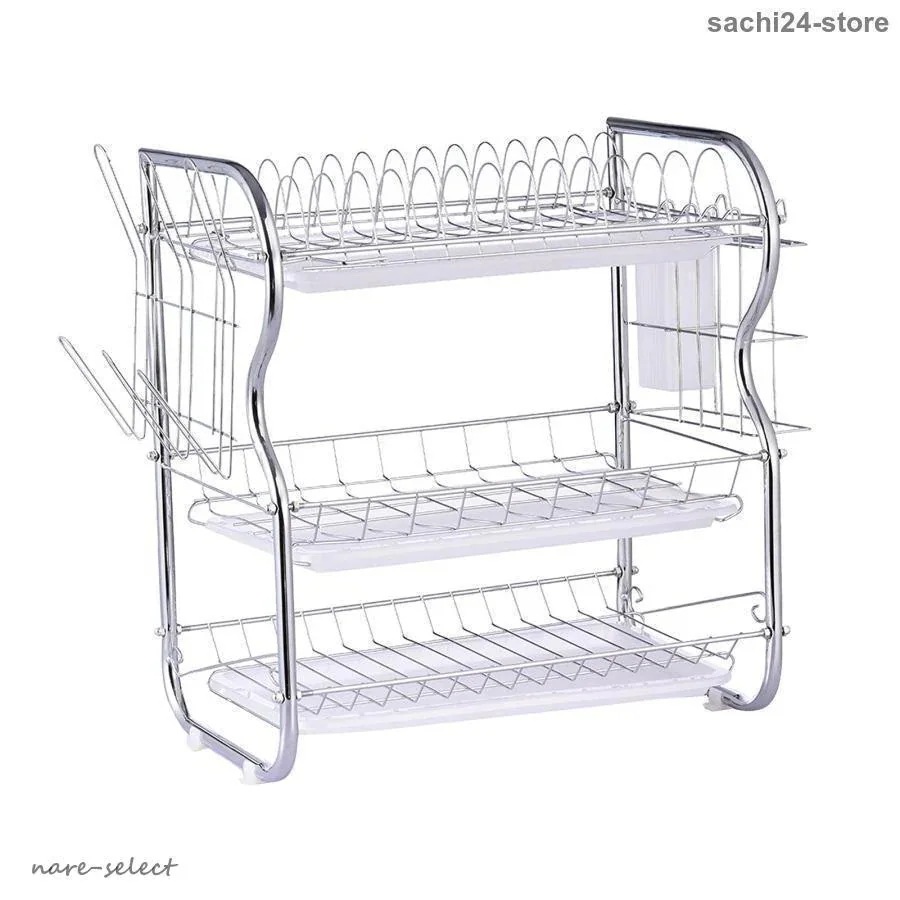 キッチン食器 新品/第1弾キャンペーン3層食器排水ラック スライド式 台所用品ホルダ 水切りかご コップかけ 3段 水切りラック 3つの排水 収納ラック キッチンカッター収納エリア 箸立て