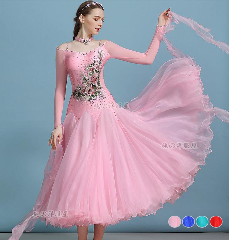 社交ダンス モダンドレス レディース スタンダード モダン タンゴ ワルツ ラテン フラメンコ チャチャチャ ダンスドレス ロング 長袖 花 ストーン リボン ダンス 専門 競技着 試合着 練習着 レ