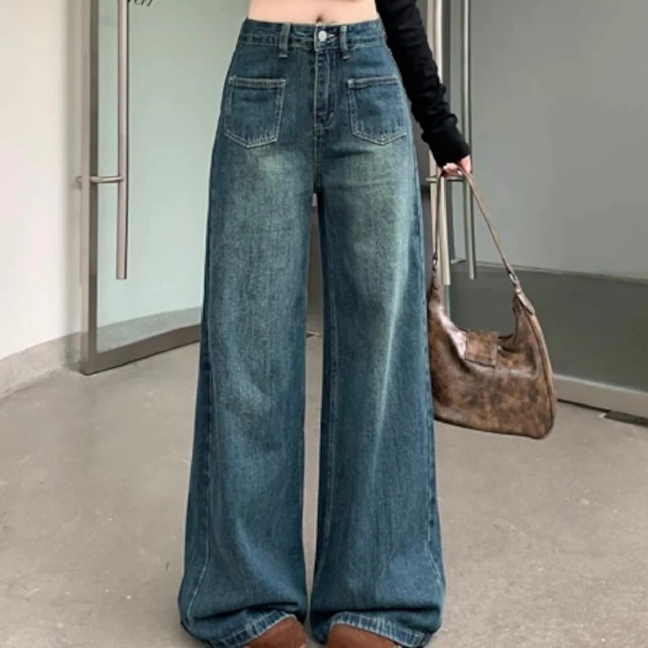 2024秋冬パンツ デニム ジーンズ ロング丈 ワイド ハイウエスト 美脚効果 脚長効果 細見え 秋 ブルー 青 おしゃれ かわいい 韓国ファッション レディース お出かけ