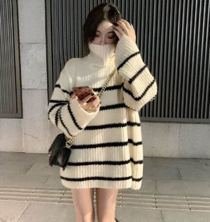トップス ワンピース セーター タートルネック アウター プルオーバー タートルネックセーター ミドル丈 レディース シンプル 長袖 萌袖 ストライプ ハイカラー 秋冬 かわいい きれいめ 大人可愛い