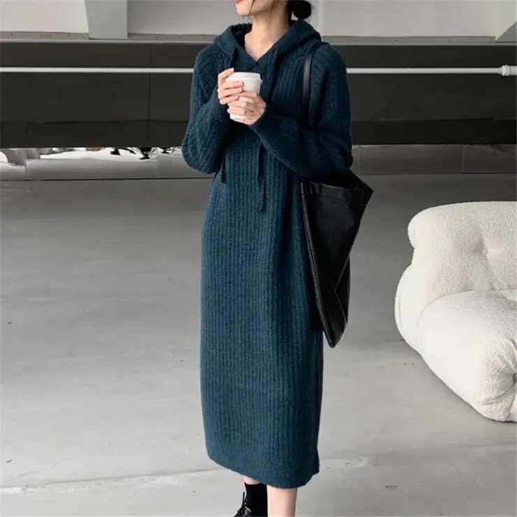 ニットロングワンピース ワンピース ニットワンピ ロングワンピース フード付 カジュアル リラックス ゆったりコーデ デイリー お家デート シンプル 春 レディース