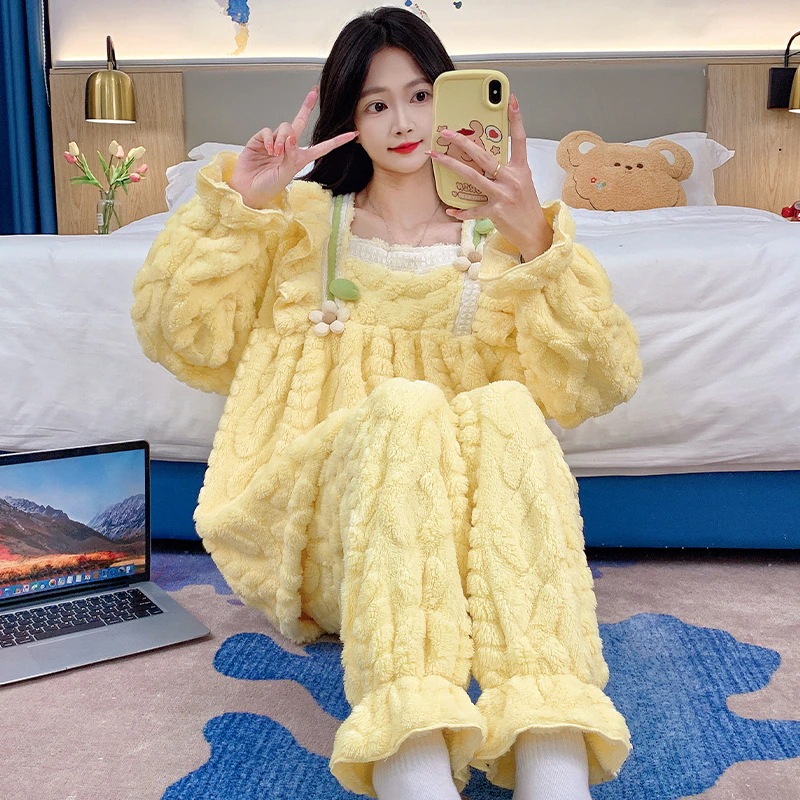 選べる福袋 女性用コーラルベルベットパジャマとプラスベルベットと厚みのあるプリンセススタイルの甘い長袖フランネルホーム服スーツ