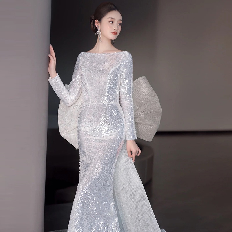 パーティドレス 花嫁ロングドレス 長袖ドレス フィッシュテールウエディングドレス