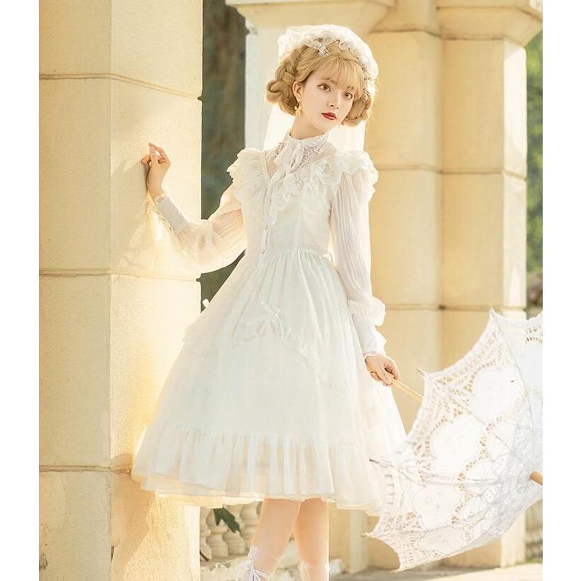 「即納」ゴシック ロリータ服 ゴスロリ ドレス ワンピース 長袖 ミモレ丈 ロリータメイド服 お姫様 ドレス レトロ ワンピース フリル シフォン ベール 吸血鬼