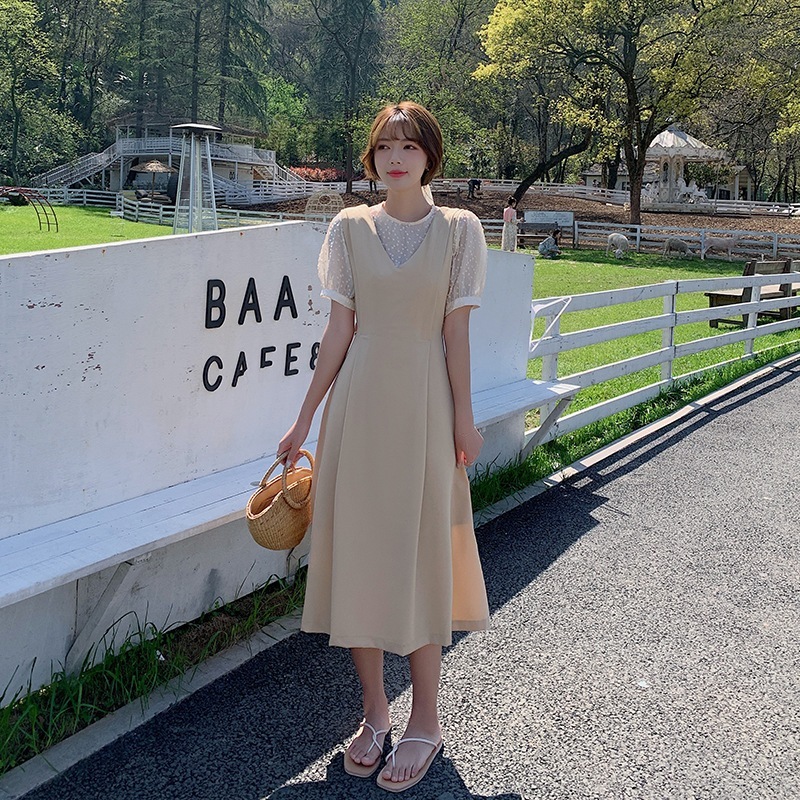 【1つ買うと10つ無料】壊れたショートスリーブ+プリンセススリーブストラップベストスカート2025夏の韓国バージョン