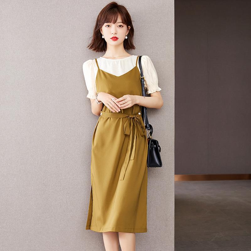 韓国ファッション夏服レディース半袖tシャツワンピースウエスト引き締めキャミソールワンピースシフォン2024新作