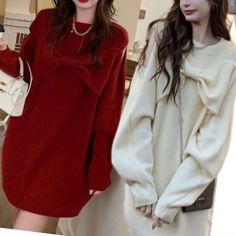 【1つ買うと10つ無料】秋と冬のセクシーな弓ニットカジュアルオフショルダーミッドレングスクリスマス新年のセータースカート