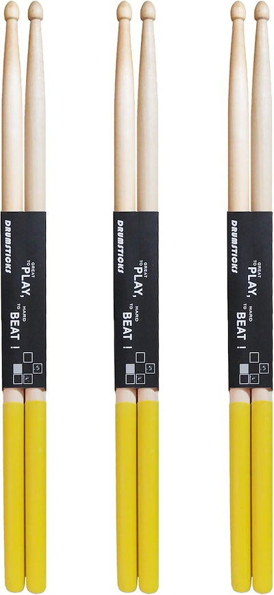 他サイト： ドラムスティック セット 初心者 練習 滑り止め 付き 軽量 メープル (黄色 3組 セット, 5A)の商品画像