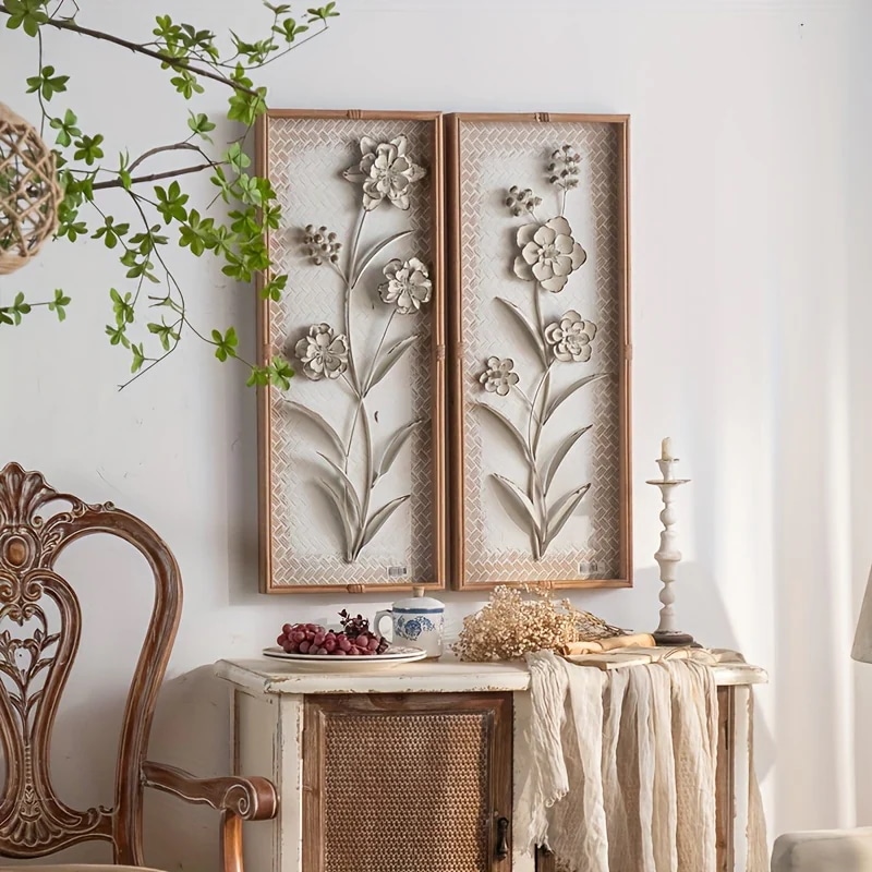 ウォールアート 壁掛け 2個セット北欧 ウォールインテリア 花 フラワーモチーフ 立体 アンティーク風 ヴィンテージ風 木製フレーム ホームデコ 壁面ディスプレイ おしゃれ シンプル ホワイト リビン