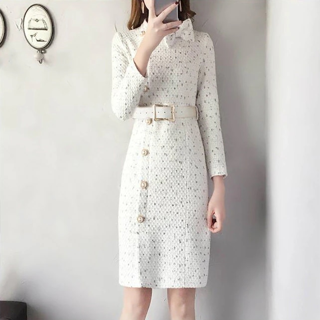 レディース ワンピース フォーマル レトロ リボン サッシュベルト 長袖 膝下丈 ハイウエスト 大人可愛い フェミニン ビジネス オフィス 式 おしゃれ お出かけ ホワイト S M L XL 2XL