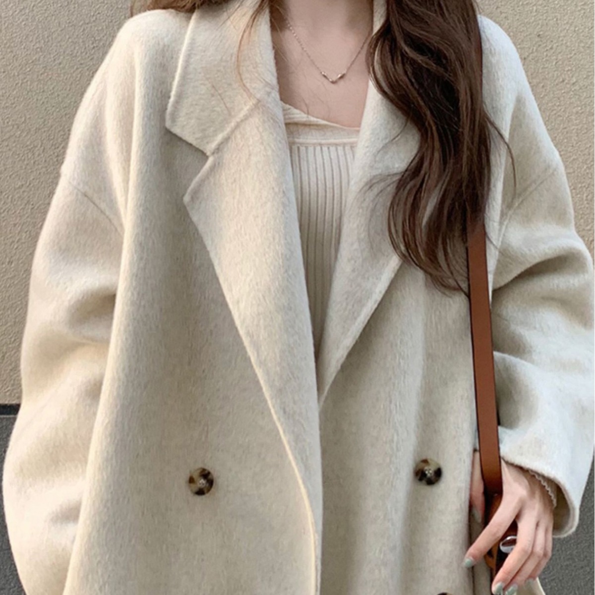 両面ウールコート ロングスーツカラー 膝丈 ゆったりシルエット ウール両面ウールコート 女性用