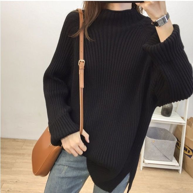 ニット セーター レディース ゆったり リブニット ハーフハイネック 黒 韓国 レディース オルチャン プルオーバー 長袖ニット 細身 白 ベージュ 黄色 青 ホワイト ロングスリーブ