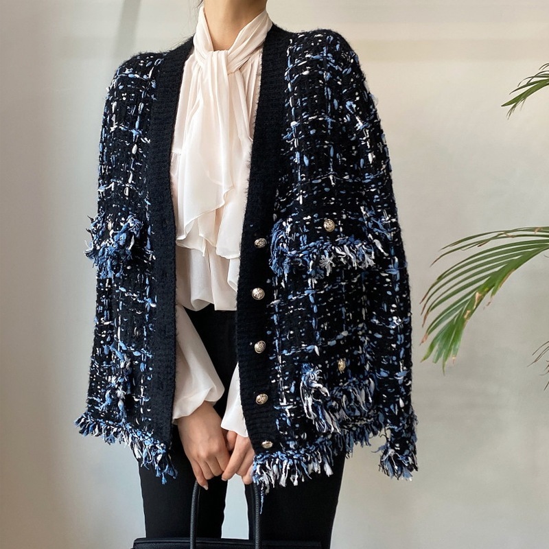 ツイードカーディガン ツイード カーディガン ツイード 黒 カーキ 韓国 レディース オルチャン 派手 フリンジ 高級感 高見え アウター おしゃれ お洒落