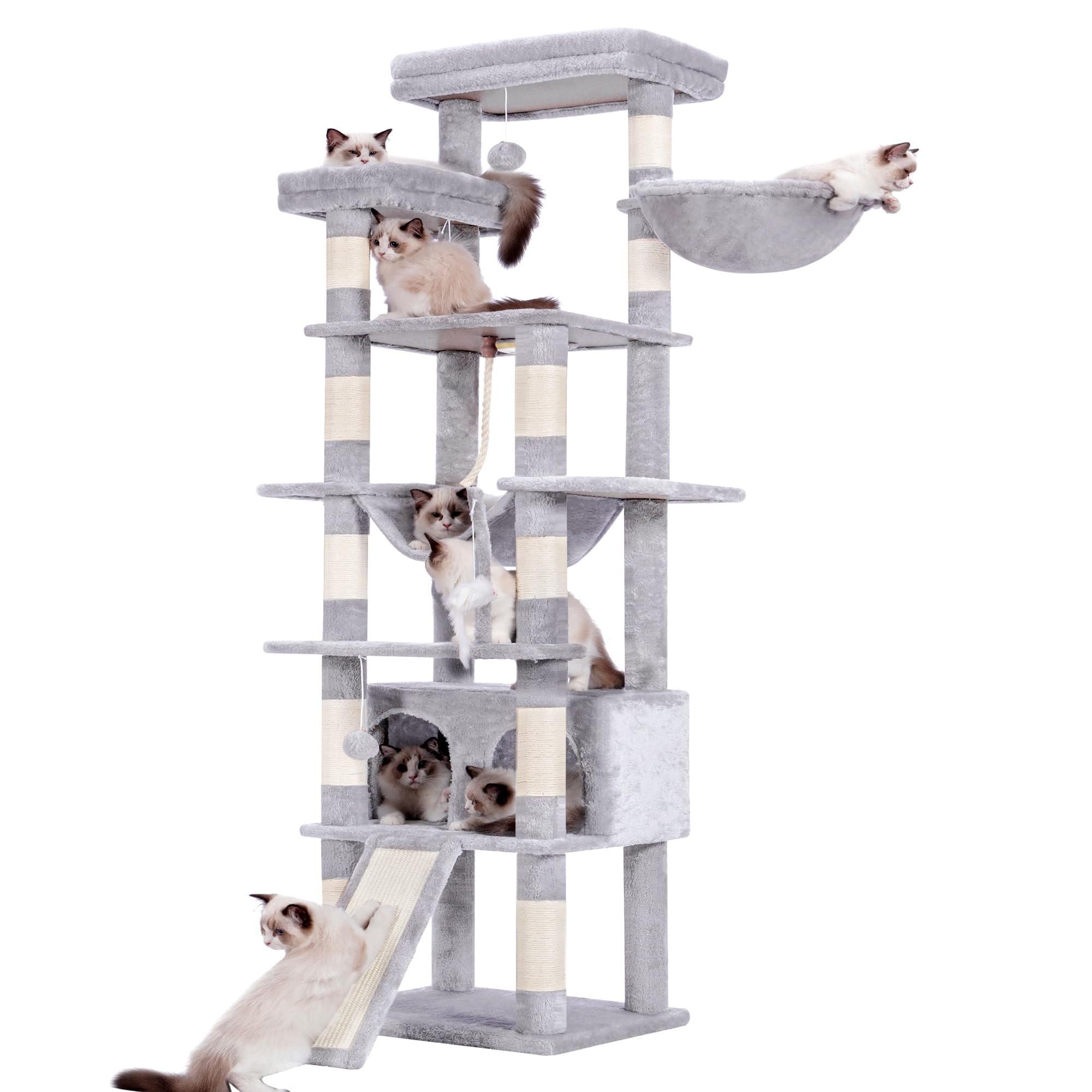 Heybly キャットタワー 大きな猫や多頭飼い 超スリム 据え置き型 省スペース 登りやすい ハンモック 大きな見晴らし台 天然麻紐 爪研ぎ棒 給餌台 高さ200cm ライトグレー HCT033W