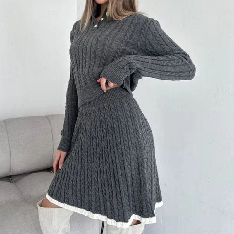 韓国ファッション 通勤 学生 膝上丈スカート ニットトップス ハイネック 長袖セーター リブニット 二点セット ニットセーター+ニットスカート 【高.品.質新作】秋冬ニット二点セット