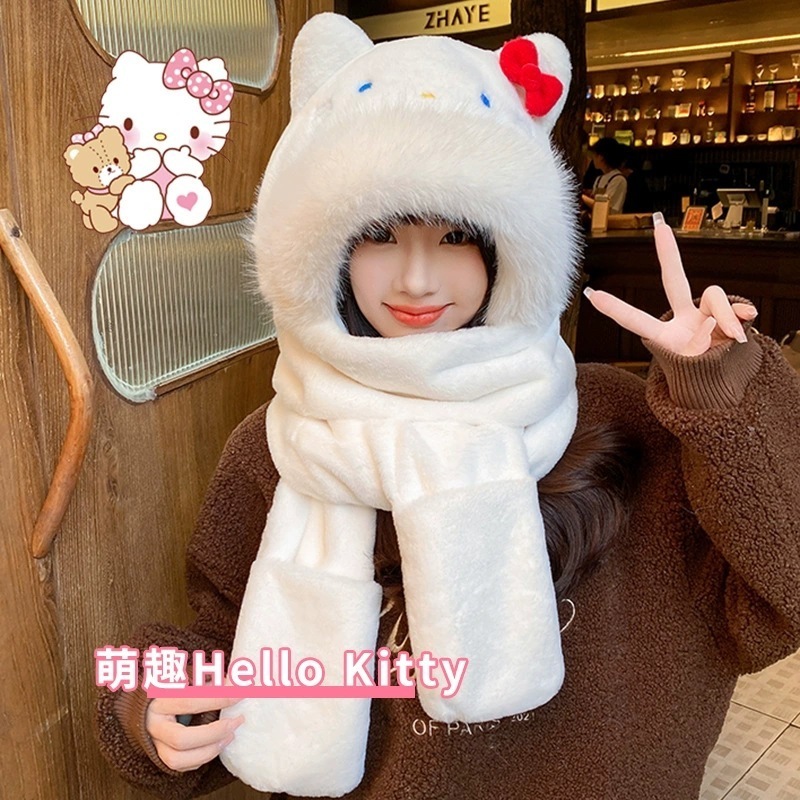 10個セット 可愛い帽子マフラー手袋一体女性秋冬モコモコ保温厚手マフラーキャップ3点セット