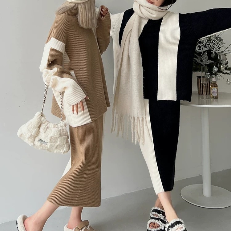 パンツロングパンツファッション的な衝突色のセーターのスカートセット