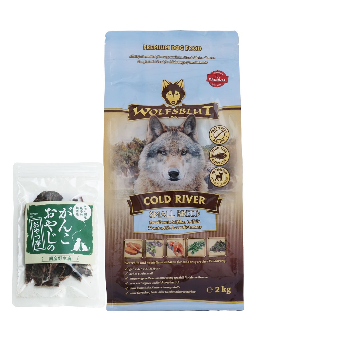 ウルフブラット スモールブリード コールドリバー（マスとスイートポテト）2kg 【国産鹿肉ジャーキー(お試しサイズ)】