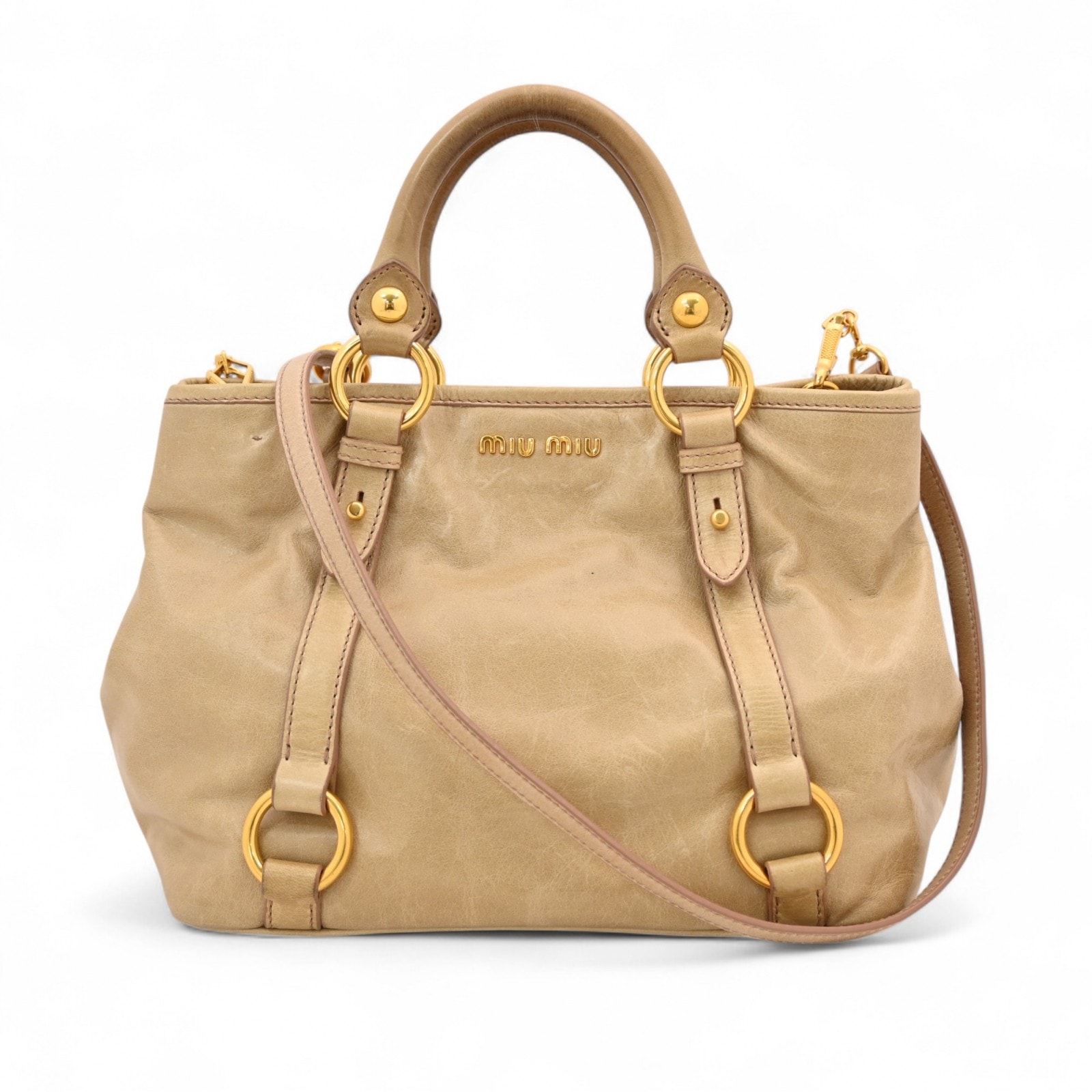 miumiu ハンドバッグ ベージュ ミュウミュウ 2wayハンドバッグ レザー × ベージュ Bランク mi2727cc