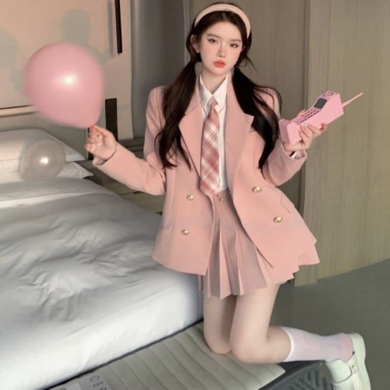 セットアップ2024韓国ファッションスーツ大学スタイルJK制服スーツジャケット+シャツ+ネクタイ+プリーツショートスカート